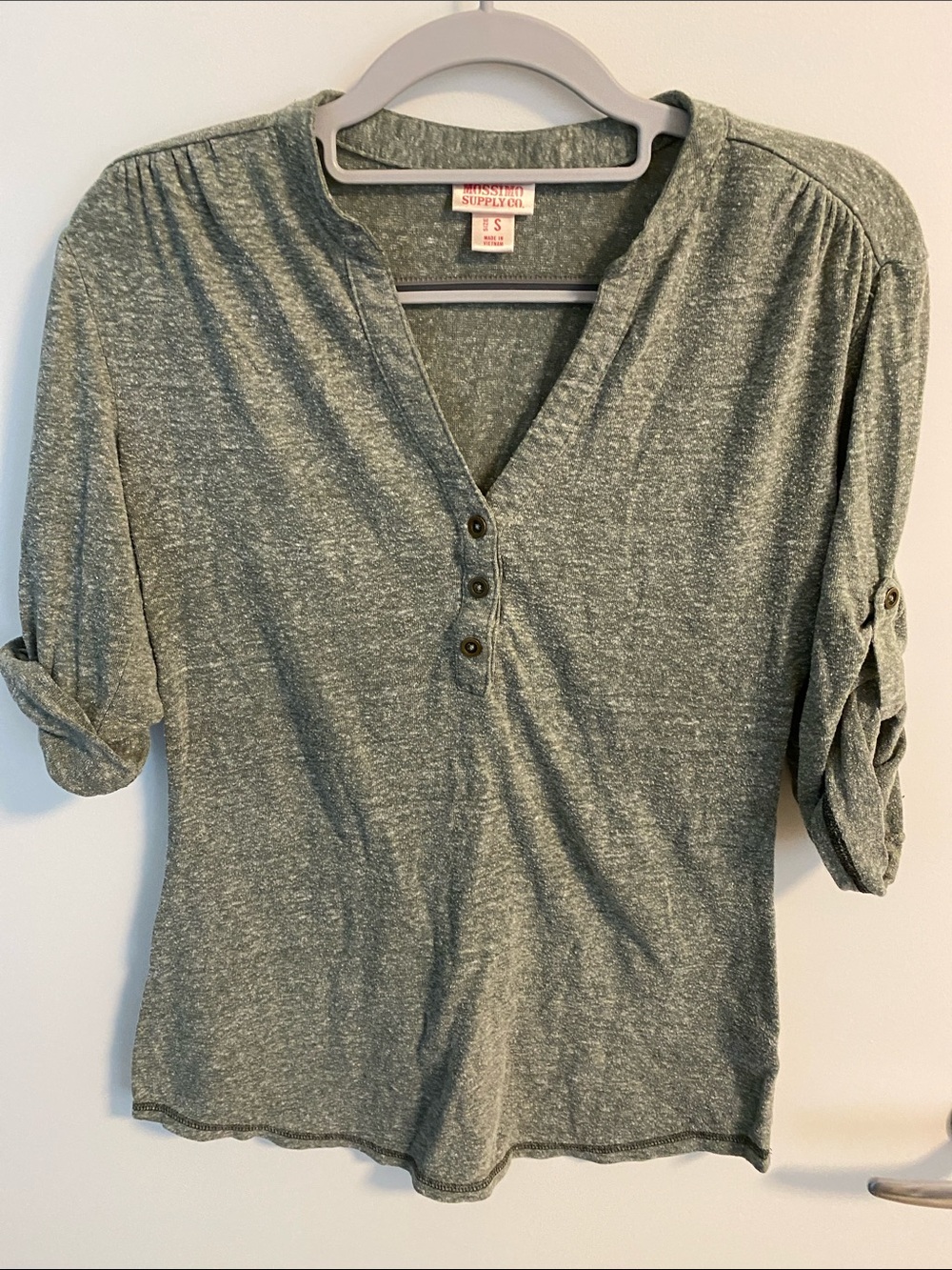 Mossimo Supply Co. Green Heathered Henley Roll-Sleeve Top